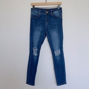 Morph Pillow Medium Wash Denim Busted Knees High Rise Skinny Jeans size 7